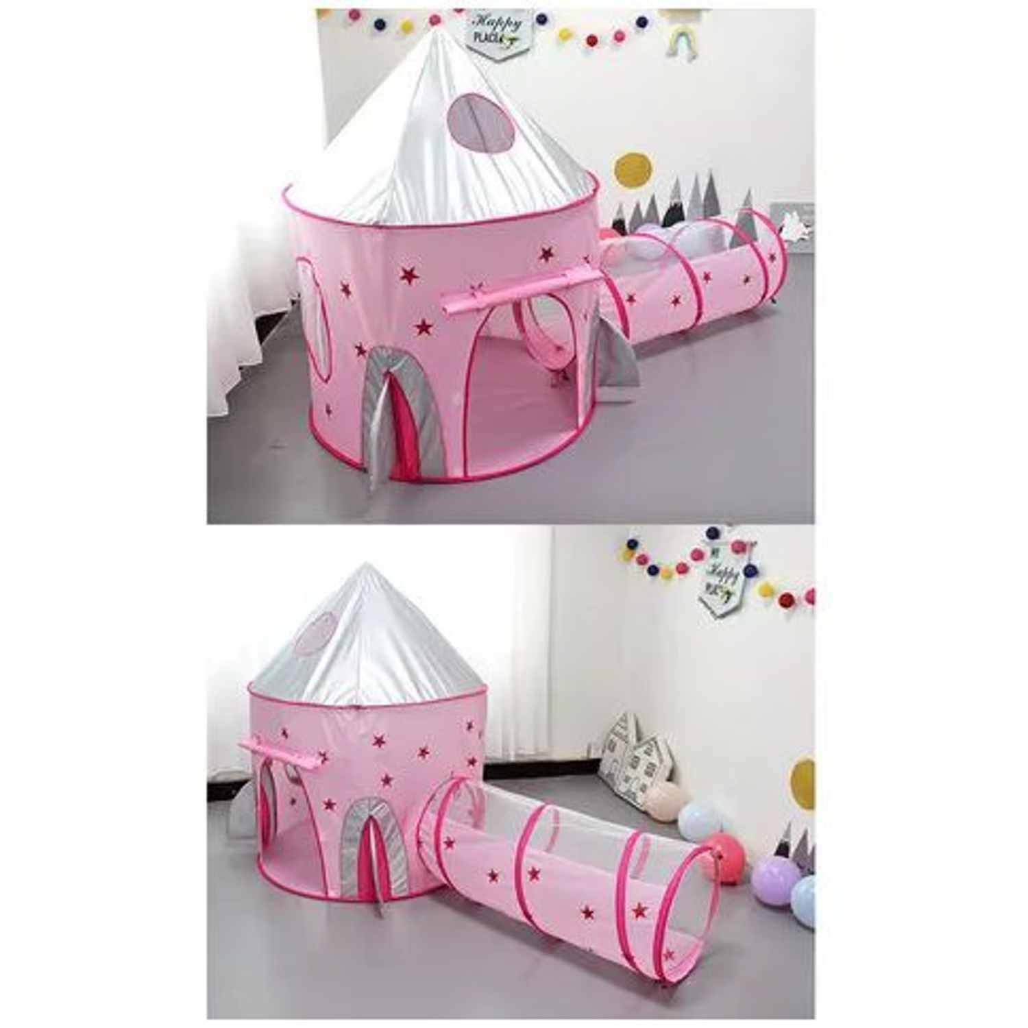 Carpa Castillo Espacial 3 en 1 con túnel y zona de juegos Rosa