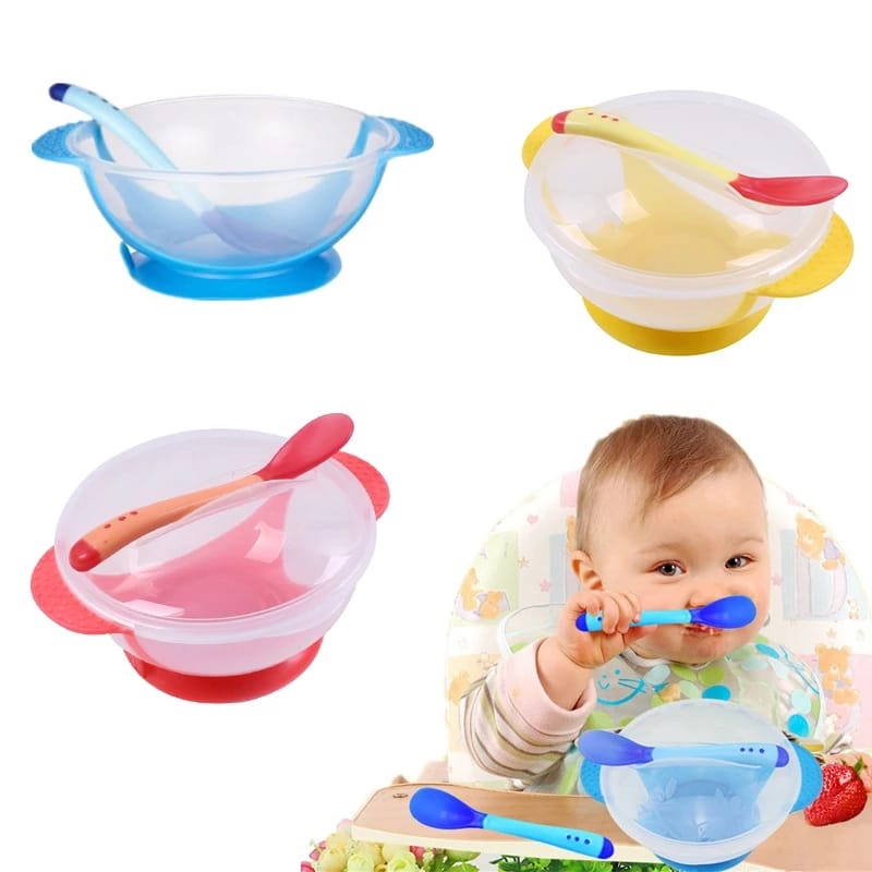 Plato Anti-derrame Chupa Para Bebes + Cuchara Silicona y Tapa